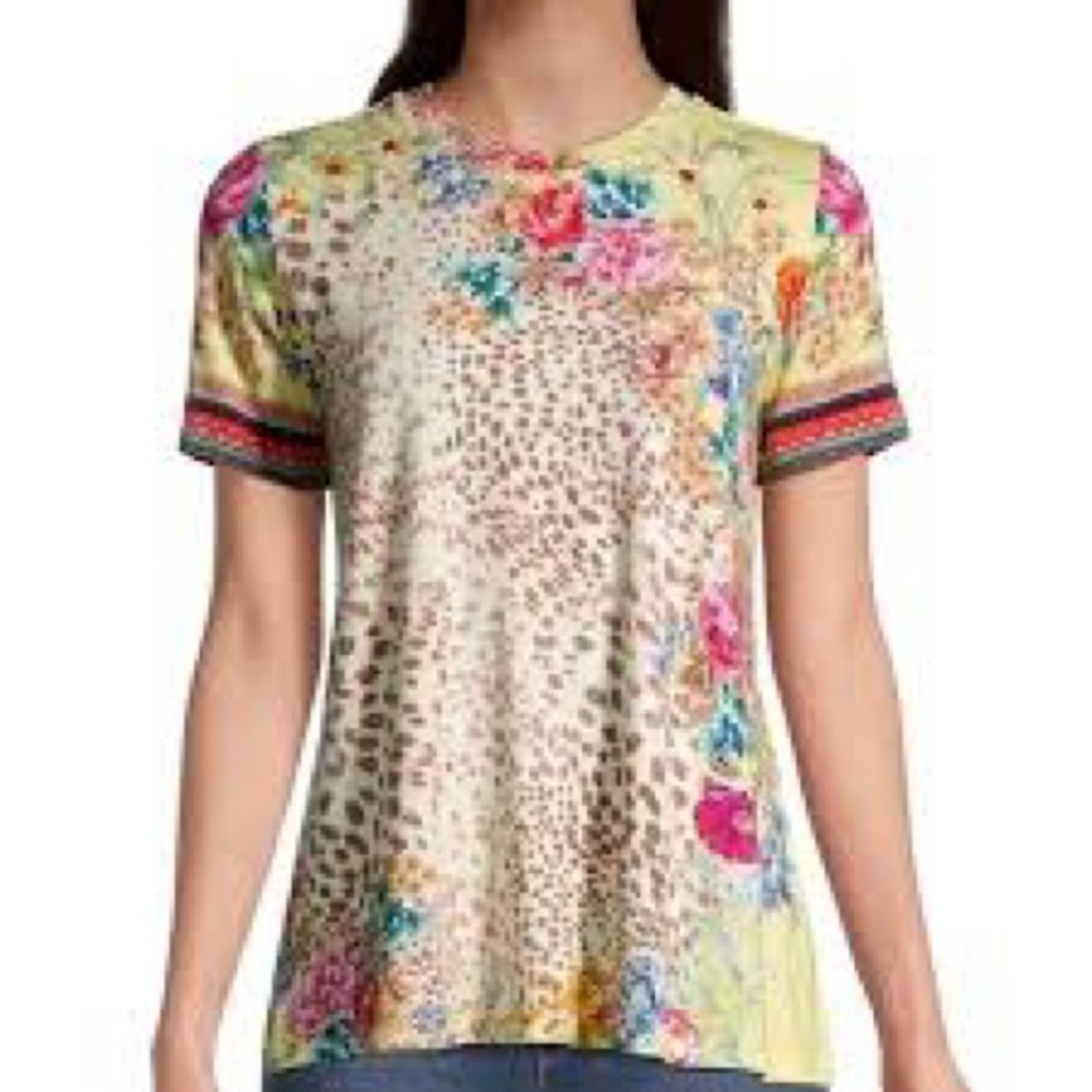 Johnny Was Multicolor Floral Leopard Print Tee